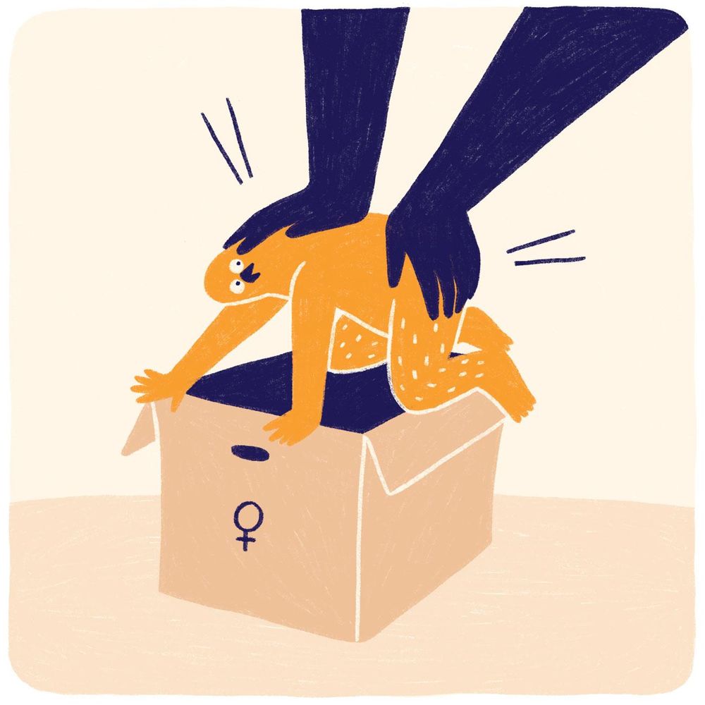 Eine Figur wird gegen den Willen in eine Geschlechterbox gestopft