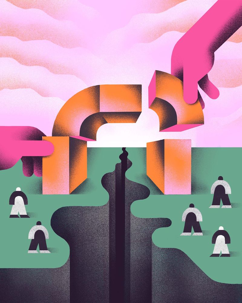 Eine abstrakte Illustration zeigt einen Graben. Von links und rechts bauen große pinke Hände einen Bogen aus orangenen Steinen über den Graben.