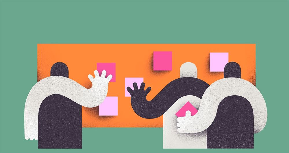 Eine Illustration, die mehrere abstrakte Figuren von hinten zeigt, die vor einem Whiteboard mit Klebezetteln stehen.