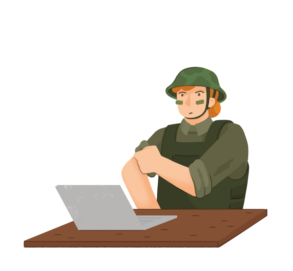 Eine Person, die in militärischer Kleidung or dem Laptop sitzt und die Ärmel hochkrempelt