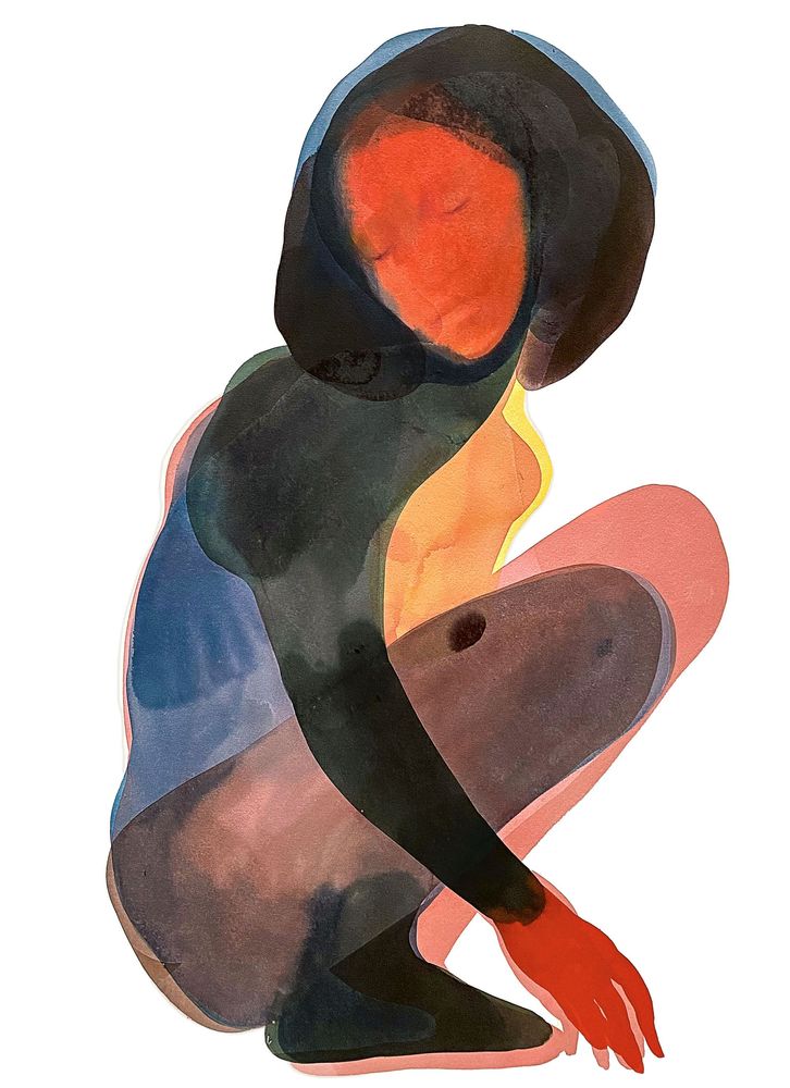 Abstrakte Darstellung, die eine sitzende weibliche Figur zeigt, gezeichnet mit Wasserfarben