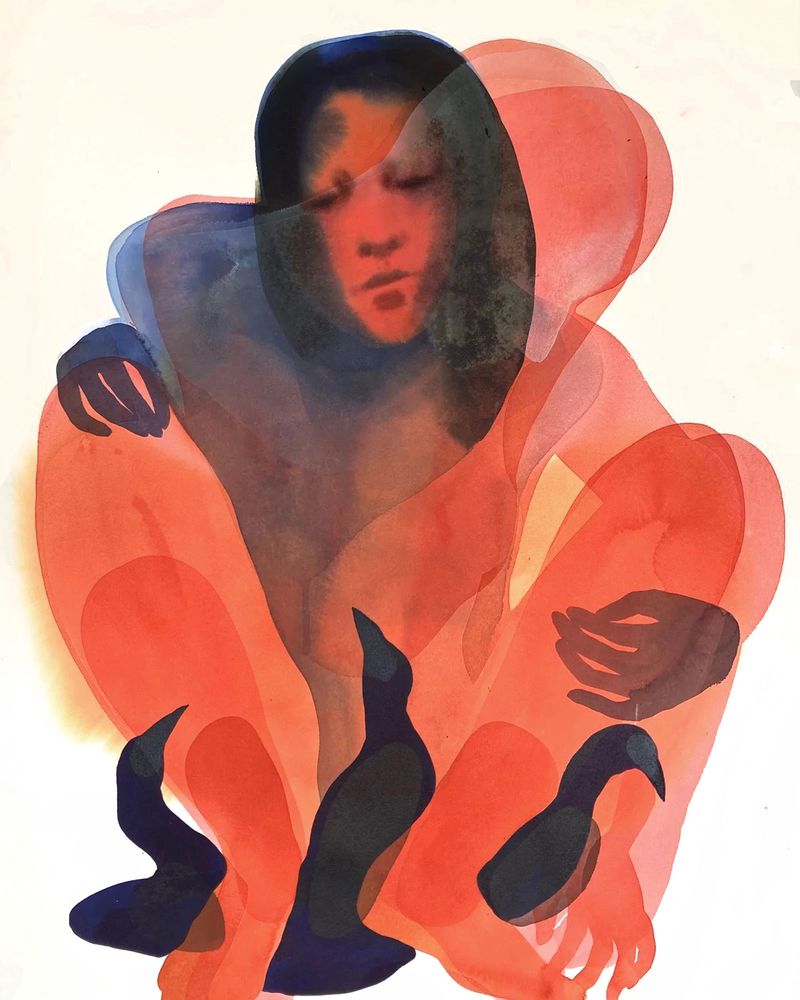 Wasserfarbenzeichnung einer weiblichen Figur, überlagert von roten Umrissen, die Flammen ähneln