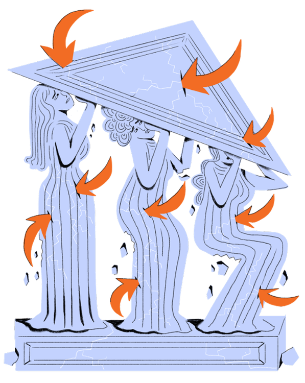 Personifizierte Säulen (einer Demokratie), die mit Pfeilen, die dem aus dem AfD-Logo nicht unähnlich sehen, beschossen werden