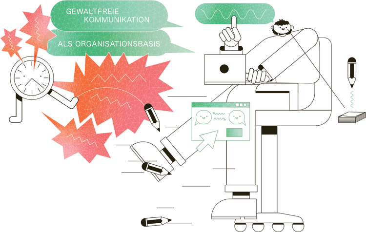 Ein Mitarbeiter sitzt am Schreibtsch, überall um ihn herum Bleistifte, eine fliegende Uhr und zackige wütende Sprechblasen