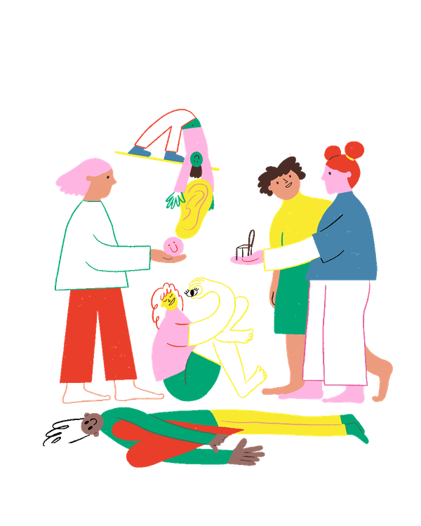 Mehrere bunte Menschen stehen in einem Kreis und interagieren freundlich miteinander.