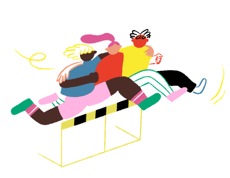 Drei illustrierte Figuren greifen sich unter die Schultern und springen gemeinsam über eine Hürde.