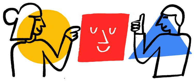 Ein rotes Quadrat mit einem lächelnden Gesicht in der Mitte. Links ist eine Person mit einem gelben Kreis im Hintergrund. Sie zeigt auf das Quadrat. Rechts steht eine Person mit einem blauen Quadrat im Hintergrund, die einen Daumen hoch zeigt.