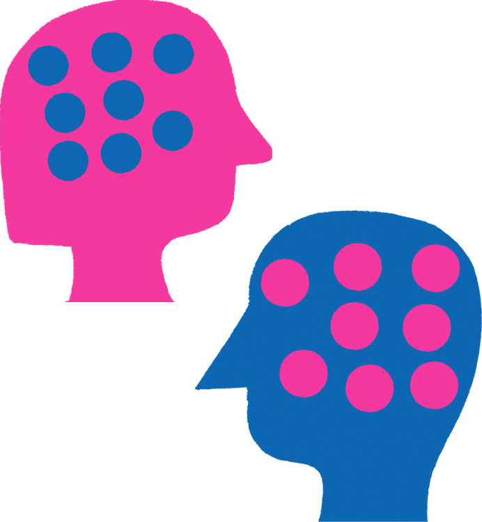 Zwei Köpfe diagonal übereinander. Der obere Kopf ist pink und besitzt acht Kreise im Kopf. Der blaue Kopf hat acht pinke Kreise im Kopf.