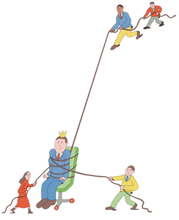 Eine narzisstische Führungskraft sitzt auf einem Stuhl, um sie herum sind Menschen, die sie versuchen zu bändigen.