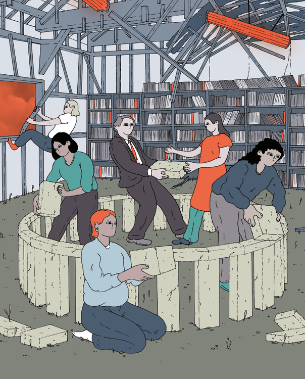 Eine heterogene Gruppe Menschen reißt gemeinsam einen Büroraum ein und baut in der Mitte neue Strukturen auf.