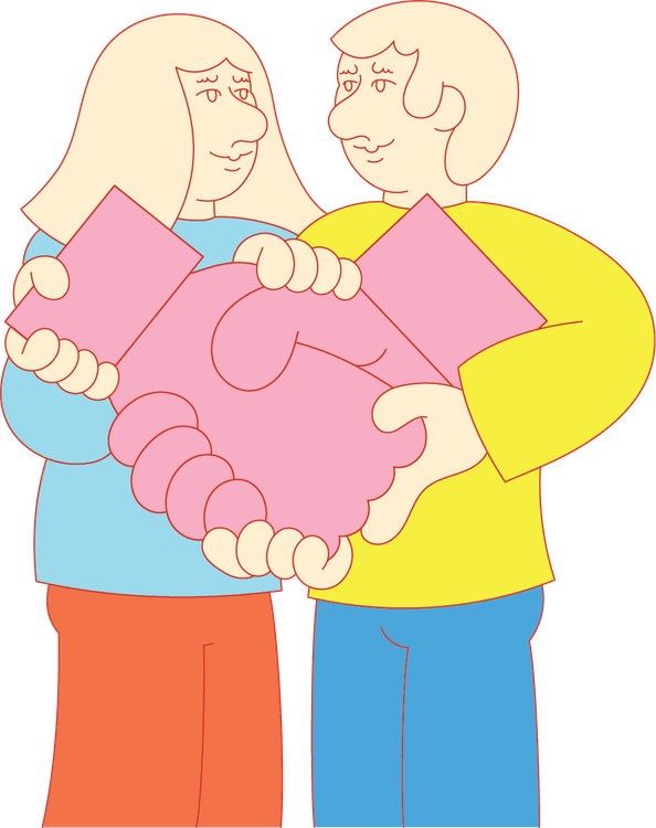 Zwei illustrierte Figuren in Pastellfarben stehen nebeneinander und tragen gemeinsam ein rosanes Bild eines Handschlags.