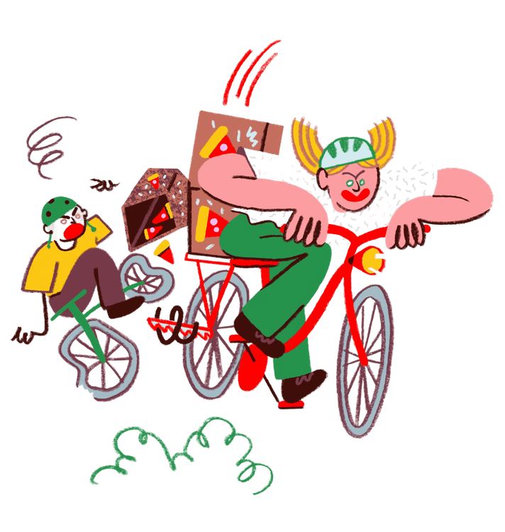 Ein Pizzalieferant fährt eine andere Person mit dem Fahrrad über den Haufen.