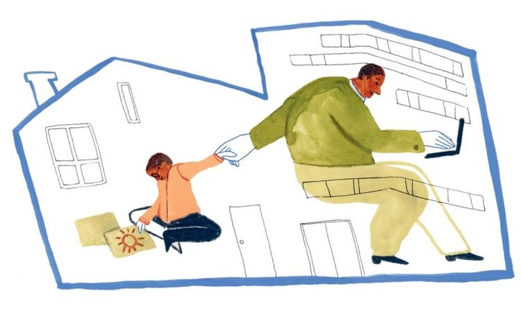 Illustration eines Elternteils, das mit einem Laptop arbeitet und gleichzeitig ein Kind beim Malen zu Hause begleitet – beide verbunden durch eine Hand. Im Hintergrund verschmelzen Wohnhaus und Bürogebäude zu einem Bild.