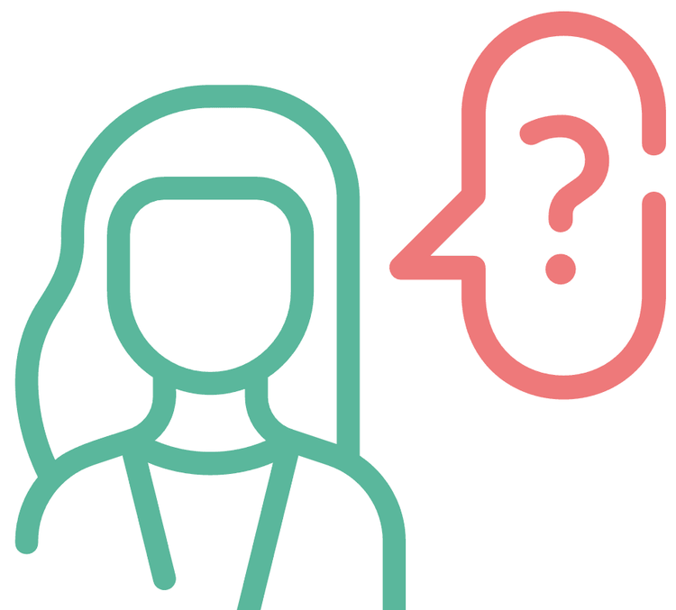 Icon einer stilisierten Person in Grün mit einer Sprechblase in Lachsrot, die ein Fragezeichen enthält.