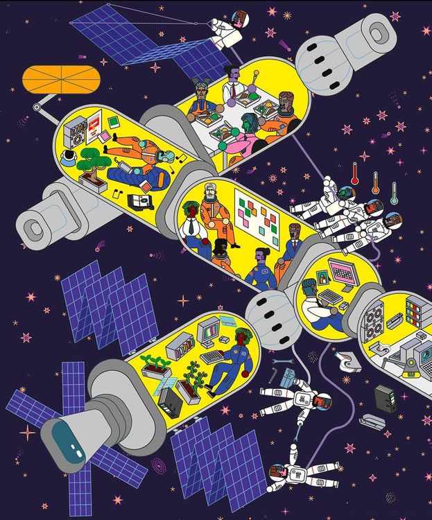 Illustration einer Raumstation im Weltall im Querschnitt: In mehreren miteinander verbundenen Modulen arbeiten diverse Astronautinnen und Astronauten zusammen – an Tischen, vor Bildschirmen, in Meetings und bei der Pflanzenzucht.