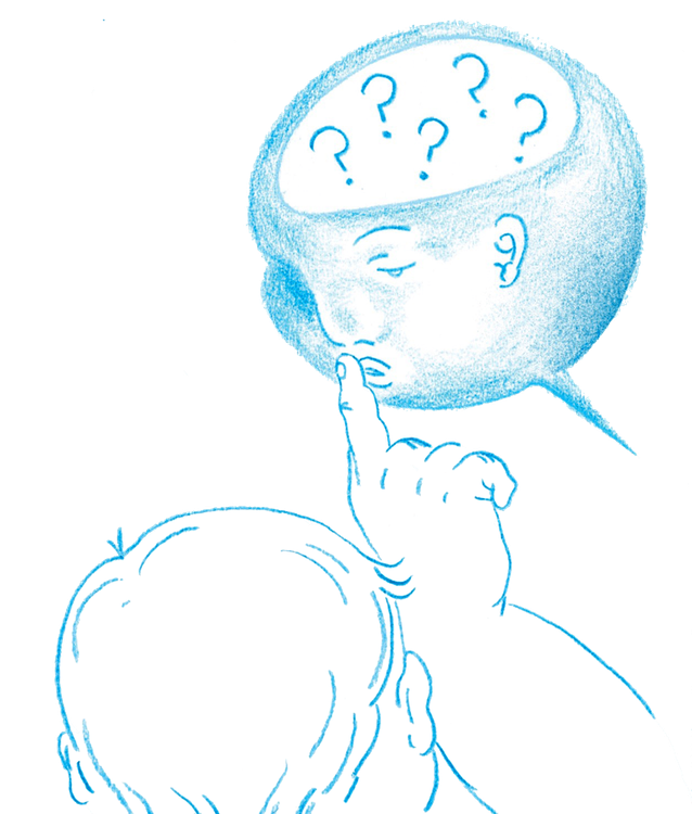 Eine Illustration zum Thema Achtsam Arbeiten. Eine Figur in einer Sprechblase legt sich einen Finger auf die Lippen und macht pssst.