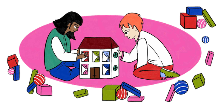 Illustration von zwei Kindern, die auf einem runden Teppich mit einem Puppenhaus spielen.