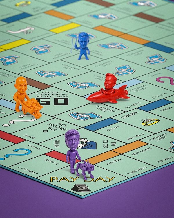 Auf einem Spielbrett im Stil von Monopoly stehen Figuren von Elon Musk, Peter Thiel, Jeff Bezos und Sam Altman.