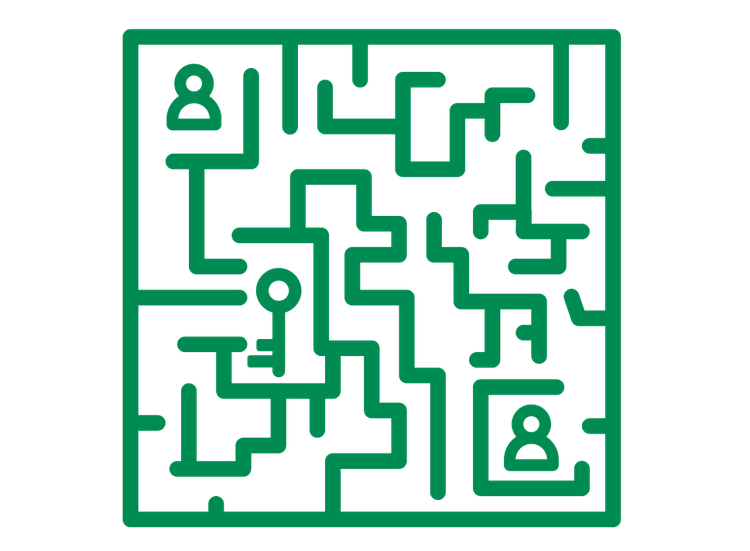 Grünes Liniensymbol für Business Escape Games: Ein quadratisches Labyrinth mit verschlungenen Gängen, in dem oben links eine Person und ein Schlüssel platziert sind, während unten rechts eine zweite Person das Ziel markiert. Der verwinkelte Weg vom Start bis zum Ausgang symbolisiert das gemeinsame Lösen von Rätseln und Aufgaben.