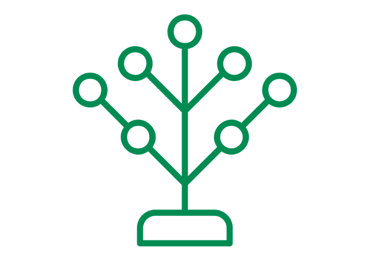 Grünes Liniensymbol für Educational Games: Ein baumartiges Gebilde mit einem Stamm auf einem Sockel, der sich mehrfach verzweigt und in acht kreisförmigen Knoten endet. Die verzweigte Baumstruktur symbolisiert Lernpfade und Wissensvermittlung mit verschiedenen Verzweigungsmöglichkeiten.