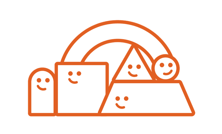 Orangefarbenes Liniensymbol für spielerisches, kreatives Arbeiten mit Bausteinen: Fünf unterschiedliche geometrische Formen – Bogen, Rechteck, Dreieck, Trapez und Kreis – mit lächelnden Gesichtern sind zu einer Figur zusammengesetzt. Die verschiedenen Formen und Charaktere stehen sinnbildlich für Vielfalt und gemeinsames Bauen, etwa wie bei Lego-basierten Methoden.