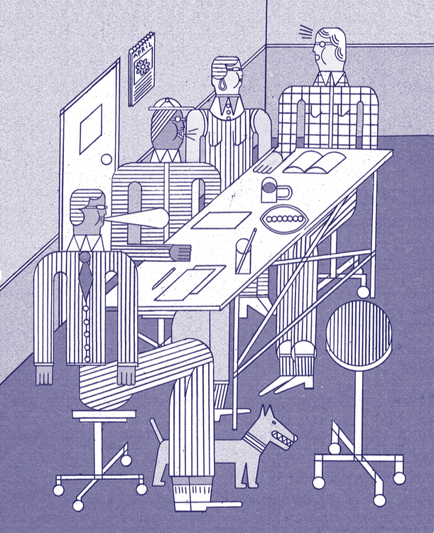 Illustration zum Thema Witze am Arbeitsplatz: Vier illustrierte Figuren sitzen gemeinsam an einem Tisch.