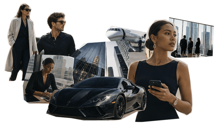 Eine Collage aus verschiedenen Bildern von Fashion-Fotoshootings und Statussymbolen wie Autos und Privatjets.