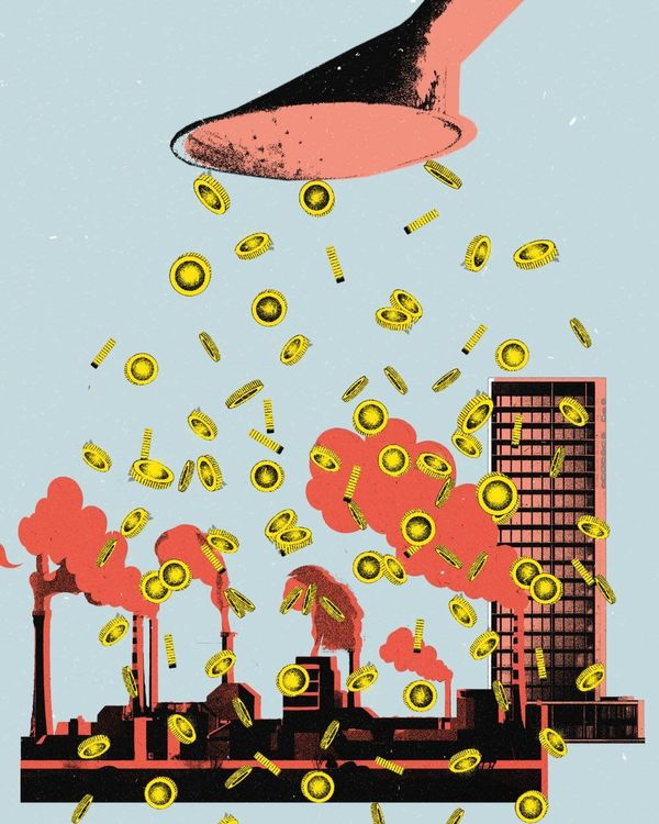 Eine Gießkanne streut Geld auf alte Industrien