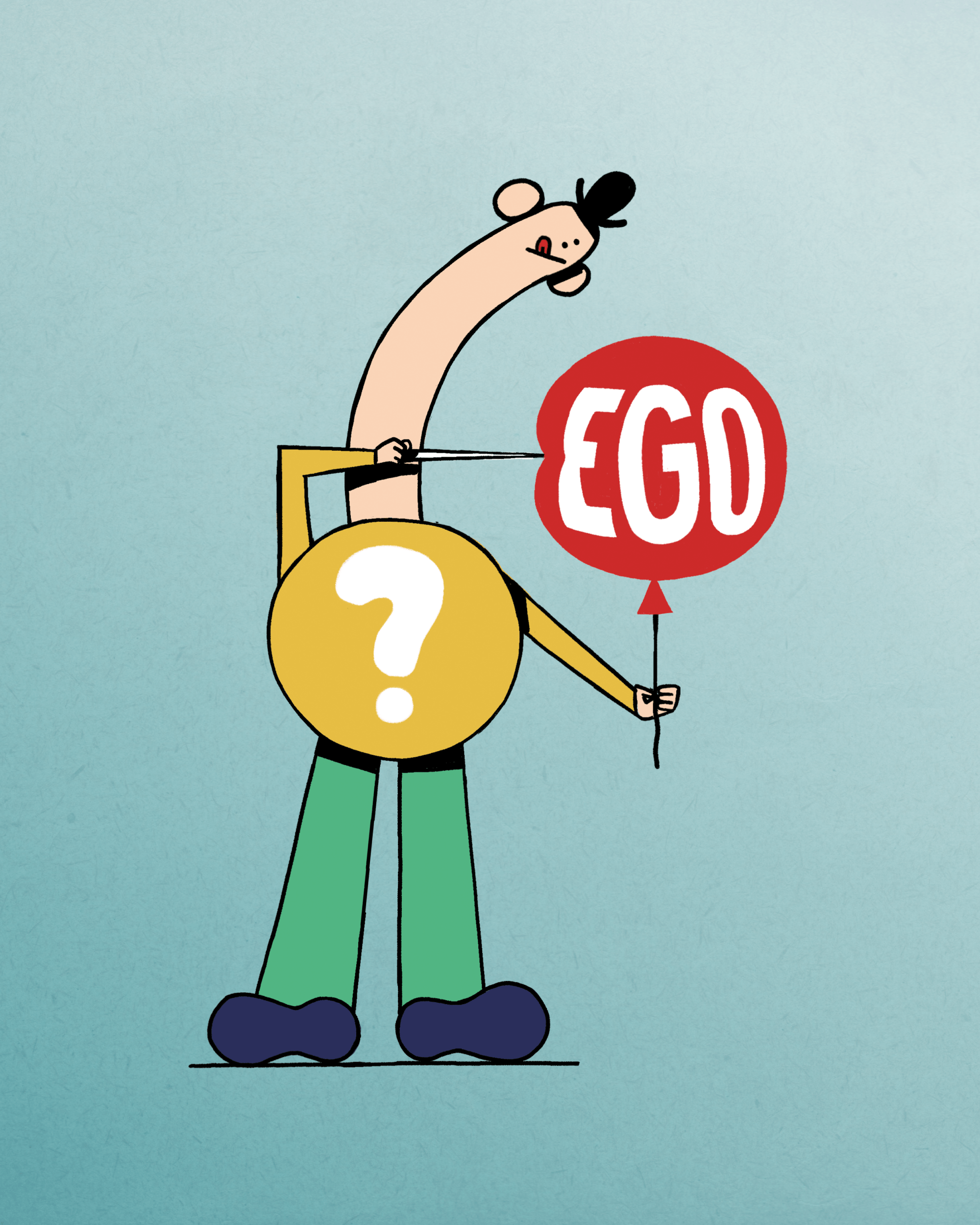 Eine Figur zersticht einen Luftballon, auf dem „Ego“ steht