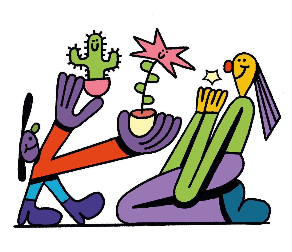 Eine Figur hält einen Kaktus in der einen Hand und eine Blume in der anderen.