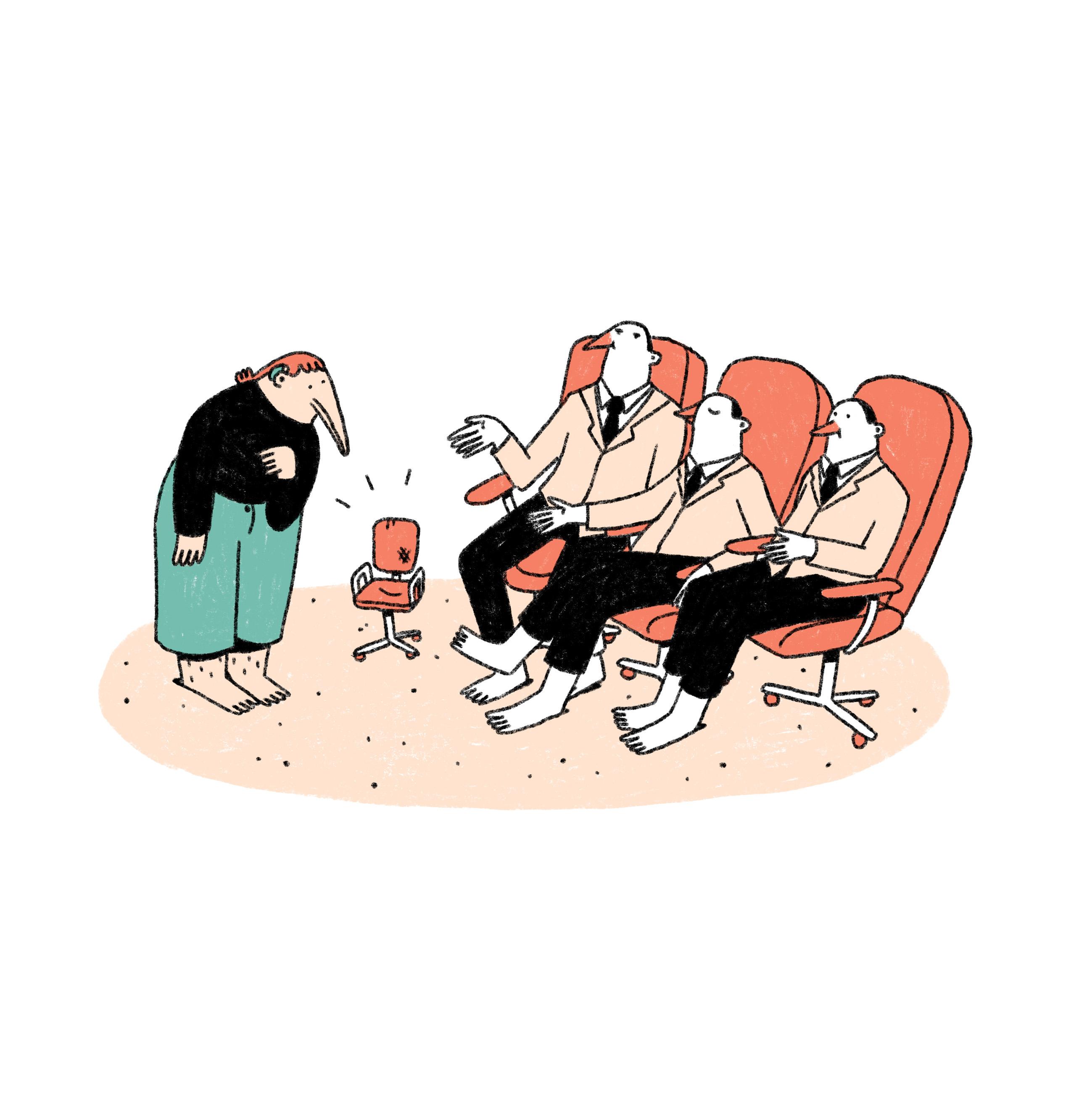 Einer weiblich gelesenen Figur wird von drei anderen Figuren ein winzig kleiner Sessel angeboten, während diese selbst in großen Sesseln sitzen.
