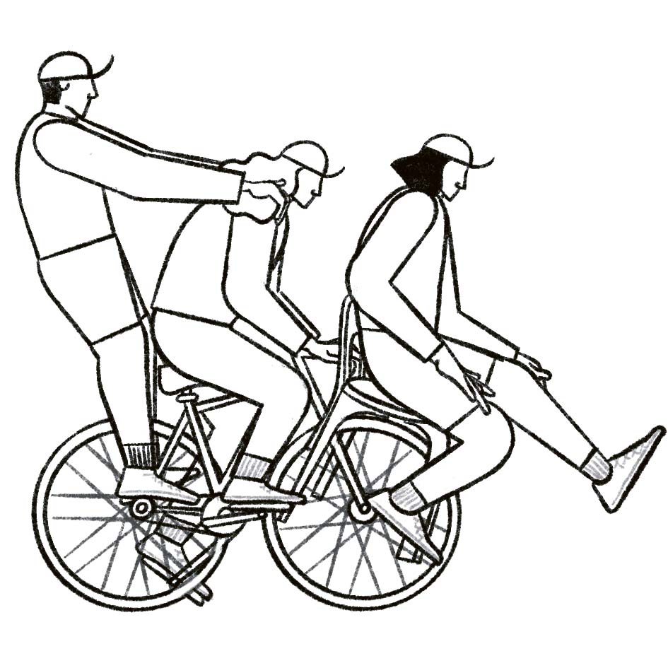 Drei Figuren gemeinsam auf einem Fahrrad.