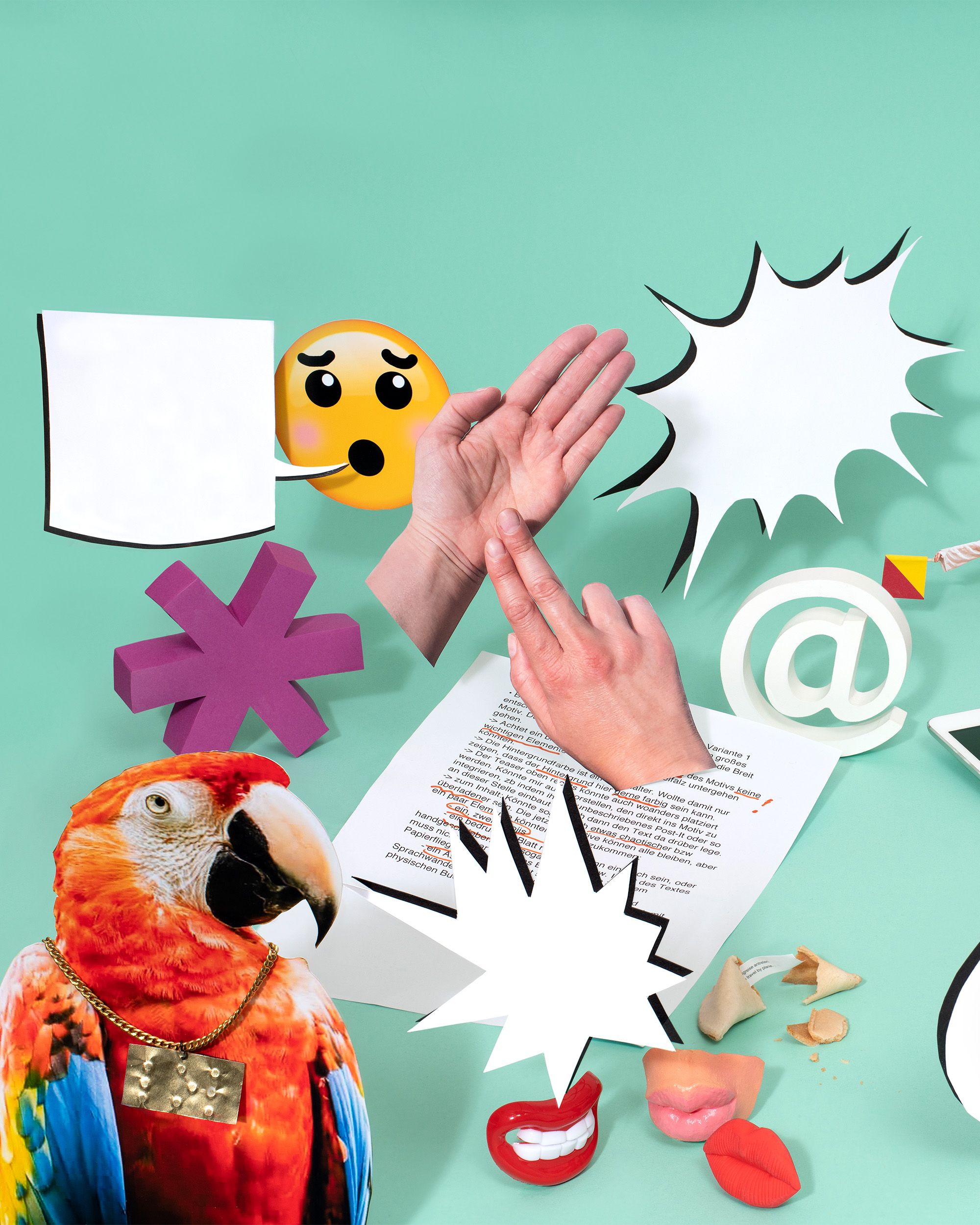 Sprache wird dargestellt mit vielen Bildern: einem Papagei, Sprechblasen, Mündern und Fingerzeichen