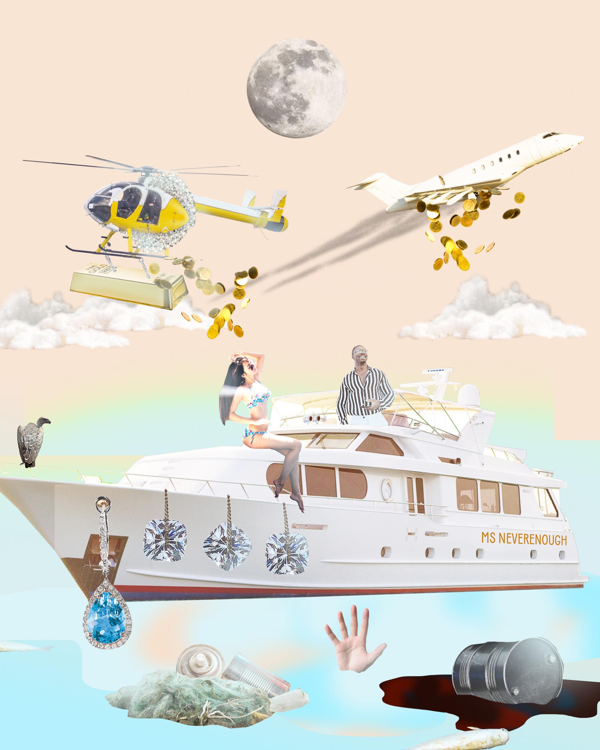 Eine Collage aus einer mit Schmuck behangenen Luxusyacht und einem Flieger sowie einem Hubschrauber, die Geld abwerfen