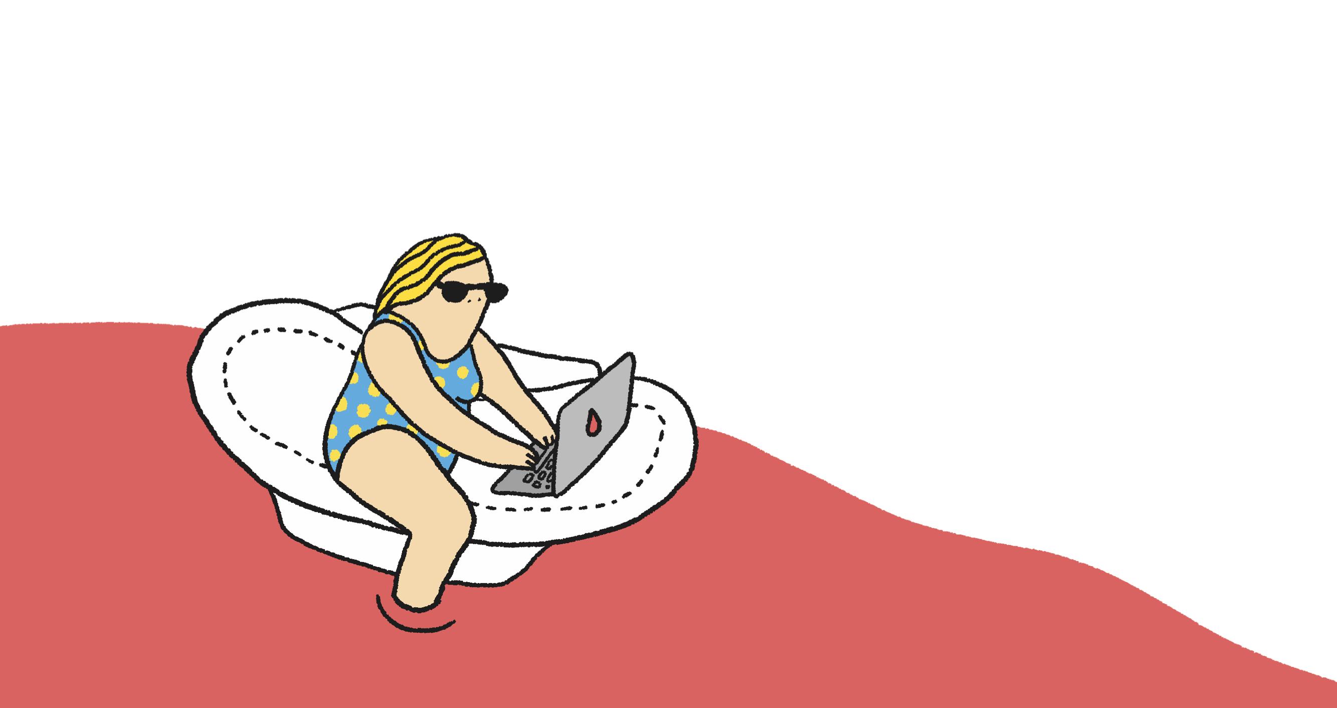 Eine Person mit Laptop, die in einer Badewanne durch Periodenblut schwimmt