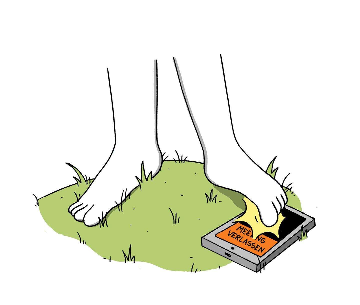 Ein Fuß auf einer grünen Wiese, der mit dem Zeh den „Meeting verlassen“-Knopf auf dem Smartphone drückt