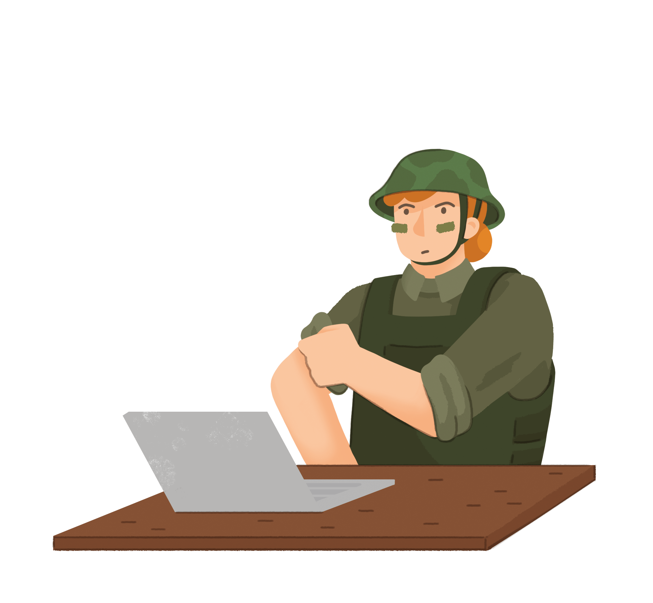 Eine Person, die in militärischer Kleidung or dem Laptop sitzt und die Ärmel hochkrempelt