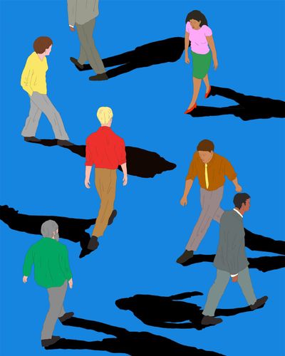 Sieben einzelne Menschen schauen auf den Boden und laufen in unterschiedliche Richtungen. Der Hintergrund ist blau und die Figuren werfen einen starken Schlagschatten.