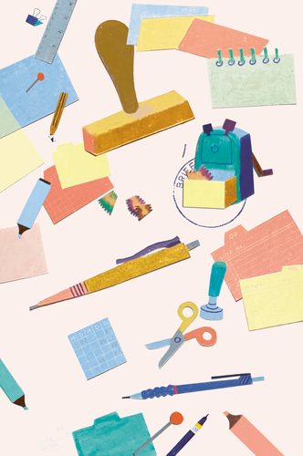 Eine Ansammlung an Büroartikeln, wie einen Stift, Notizzettel, eine Schere etc., bestehend aus Papier.