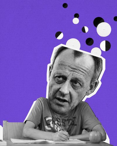 Eine schwarz-weiße Foto-Collage von Friedrich Merz. Er sitzt an einem Tisch und schreibt mit einem Stift aufs Papier. Aus seinem Kopf kommen schwarz-weiße Blasen.