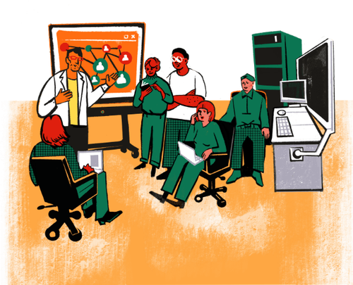 Eine Gruppe Kolleg*innen sitzt in einem Büro und bespricht verteilte Aufgaben. Eine Person zeigt eine Tafel mit mehrere Köpfen aus einem Organisationsmodell.