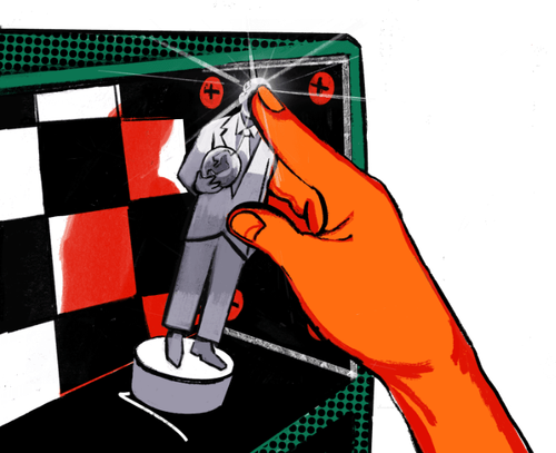 Eine Hand stellt eine glänzende Heldenfigur ins Regal.