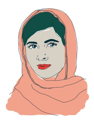 Eine Illustration von Malala Yousafzai mit einem lockeren Kopftuch auf dem Kopf