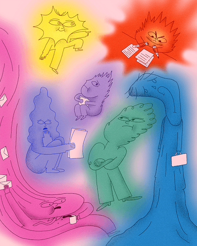 Viele Gefühle sind farblich illustriert und schweben im Raum herum.