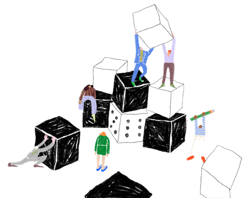 Mehrere illustrierte Figuren bauen gemeinsam aus schwarzen und weißen Bausteinen einen Turm.