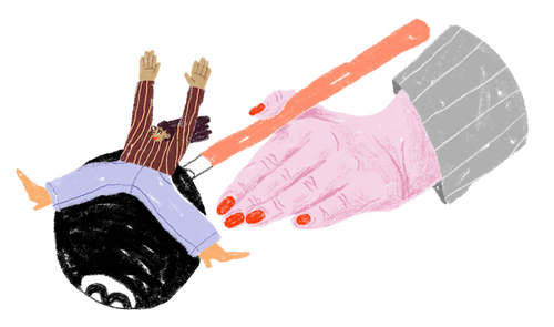 Eine illustrierte Hand stößt eine Billardkugel mit einem Queue eine schwarze Kugel an, auf der eine Figur mit hochgerissenen Armen sitzt.