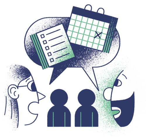 Zwei illustrierte Figuren sprechen miteinander. In der Sprechblase über ihren Köpfen ist ein Kalender mit einem markierten Termin zu sehen.