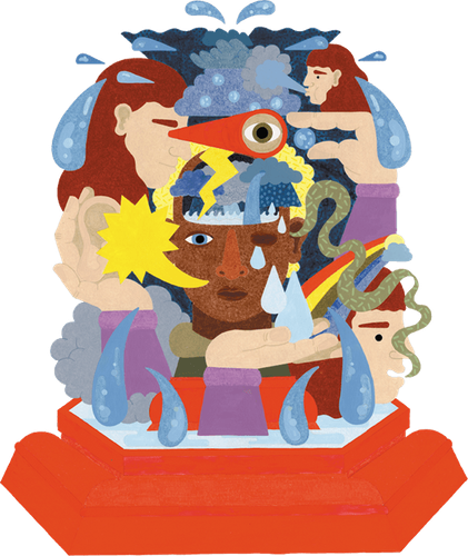 Illustration einer Person in einer Schneekugel, umgeben von chaotischen Elementen: Blitze, Regenwolken, ein einäugiges Wesen mit Schnabel, Tränen und Wassertropfen. Mehrere Hände von außen greifen in die Kugel. Das Bild symbolisiert psychische Belastung und den Einfluss äußerer Stressfaktoren auf die mentale Gesundheit.
