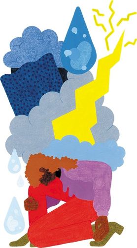 Illustration einer zusammengekauerten Person am Boden, über der sich ein hoher Turm aus Gewitterwolken, Regentropfen und Blitzen auftürmt. Die Last der dunklen Wolken drückt die Figur nieder. 