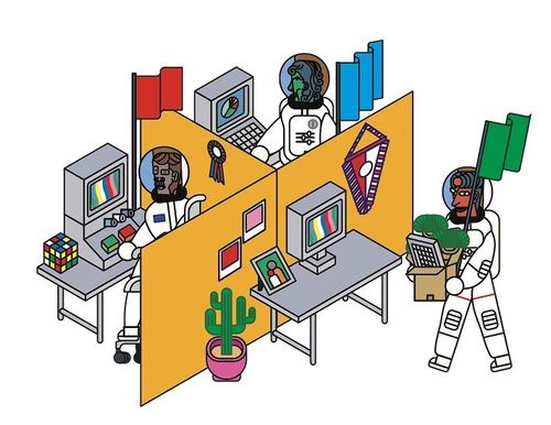 Illustration von drei Astronautinnen und Astronauten in einem Büro mit gelben Trennwänden, Computern, Pflanzen und persönlichen Dekorationsgegenständen wie Fahnen, Fotos und einem Kaktus.